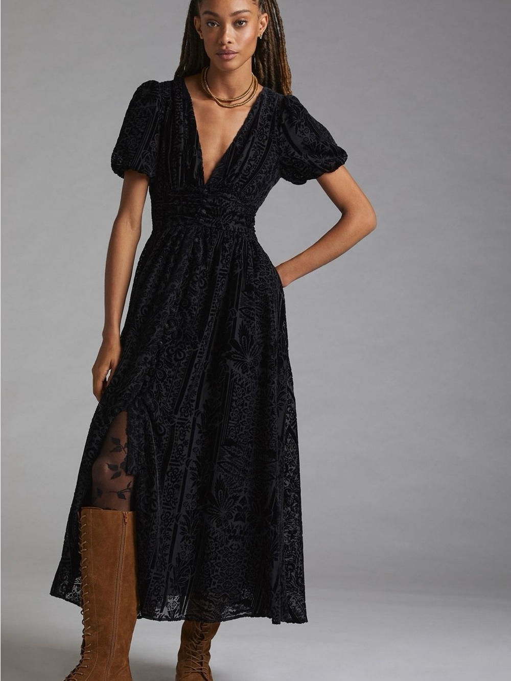Anthropologie Burnout V-Neck Puff-Sleeved Midi Dress in Black